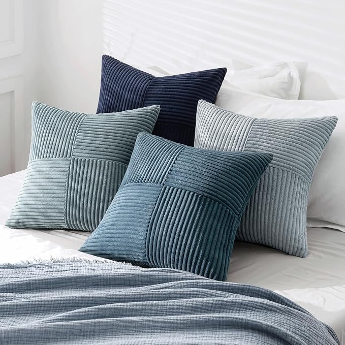 MIULEE Dusty Blue Navy Farmhouse Throw Pillow Covers 16x16 Inch Set of 4 Boho Patchwork Gradient Cushion Cases Western Modern Pillow Cases Corduroy Home Decor for Couch Sofa Living Room Bed