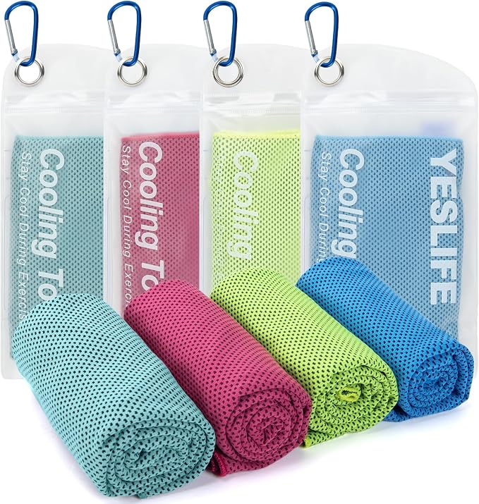 YESLIFE 4 Pack Cooling Towels (40"x12"), Gym Sweat Towels, Cooling Neck Wraps, Soft Breathable Microfiber Towels for Yoga, Running, Sport, Workout, Camping & More (Multicolor)