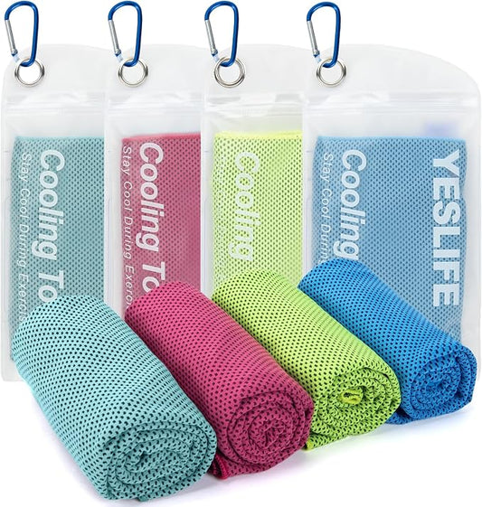 YESLIFE 4 Pack Cooling Towels (40"x12"), Gym Sweat Towels, Cooling Neck Wraps, Soft Breathable Microfiber Towels for Yoga, Running, Sport, Workout, Camping & More (Multicolor)