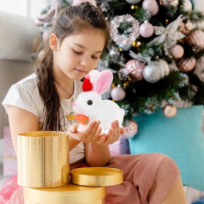 Easfan Hopping Bunny Plush Jumping Spotted White Rabbit with Hat Ears Nose Moving Educational Plush Toy Interactive Toy Electric for Toddlers Kids,7"
