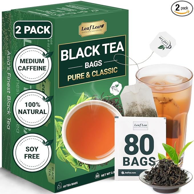 LeafLea Premium Black Tea Bags, Rich Robust Loose-Leaf Style Brew, 80 Count | Smooth Naturally Caffeinated Cup, Bright Malty Body, Hot or Iced; Sugar-Free, Vegan; Foil-Sealed Freshness