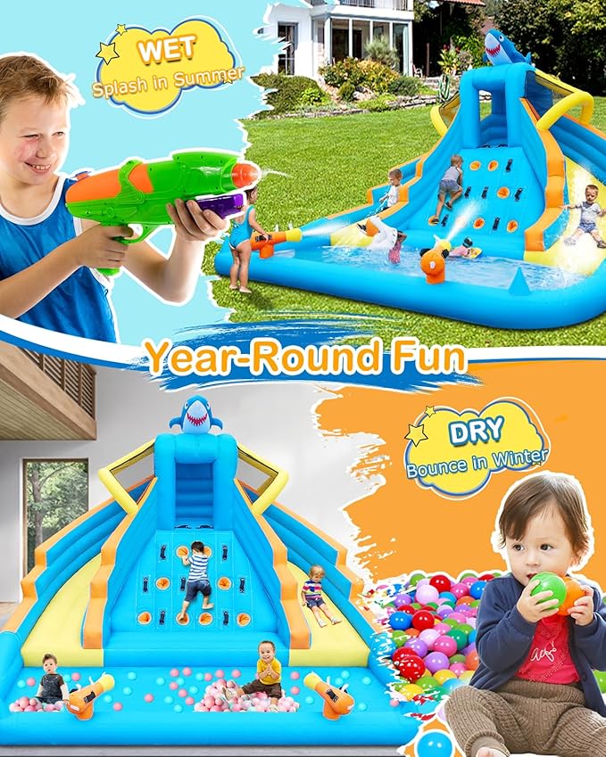 Inflatable Water Slide, 13FT Shark-Themed Large Bounce House with Dual Slides, Climbing Wall, Deep Pool, Water Cannon, 680W Blower, Storage Bag, Backyard Blow Up Water Park for Kids Aged 3–10