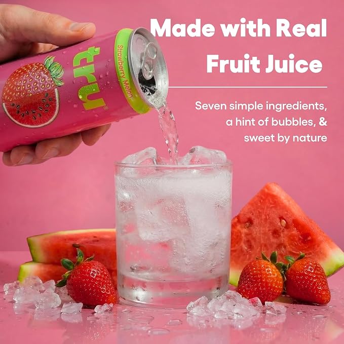 Tru Calming Drink, Magnesium Glycinate Sparkling Water with Real Fruit Juice, Strawberry Melon Flavored Seltzer, Caffeine Free, No Added Sugar, Keto, Vegan, Kosher, Gluten Free, 12 Fl Oz (Pack of 12)