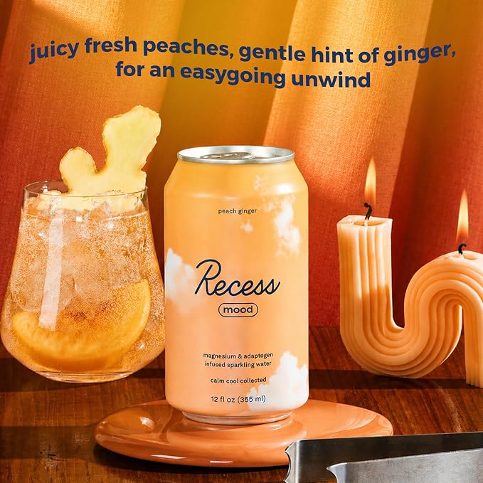 Recess Mood Magnesium & Adaptogen Drink, Relaxation Beverage, 12 ounce (Peach Ginger, 12 pack)
