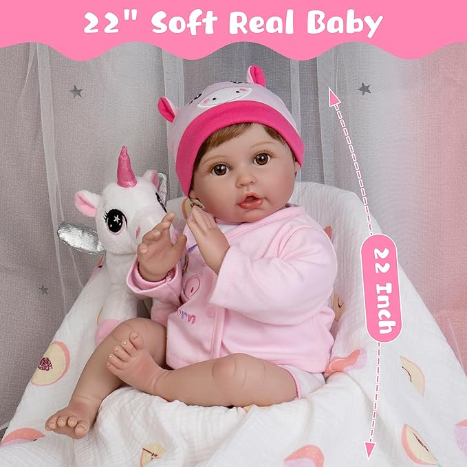 Lifelike Baby Dolls, 22-Inch Reborn Baby Dolls Soft Cloth Body Realistic Baby Doll Adorable Real Life Baby Doll with Clothes and Toy Accessories Birthday Gift for Kids 3+