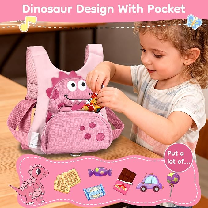 Dr.meter 3 in 1 Toddler Harness Leash + 8.2ft Anti Lost Wrist Link, Cute Dinosaur Kids Anti Lost Leash with Key Lock, Child Walking Harness for Parent Boys Girls Keep Kids Close, Travel Essensials