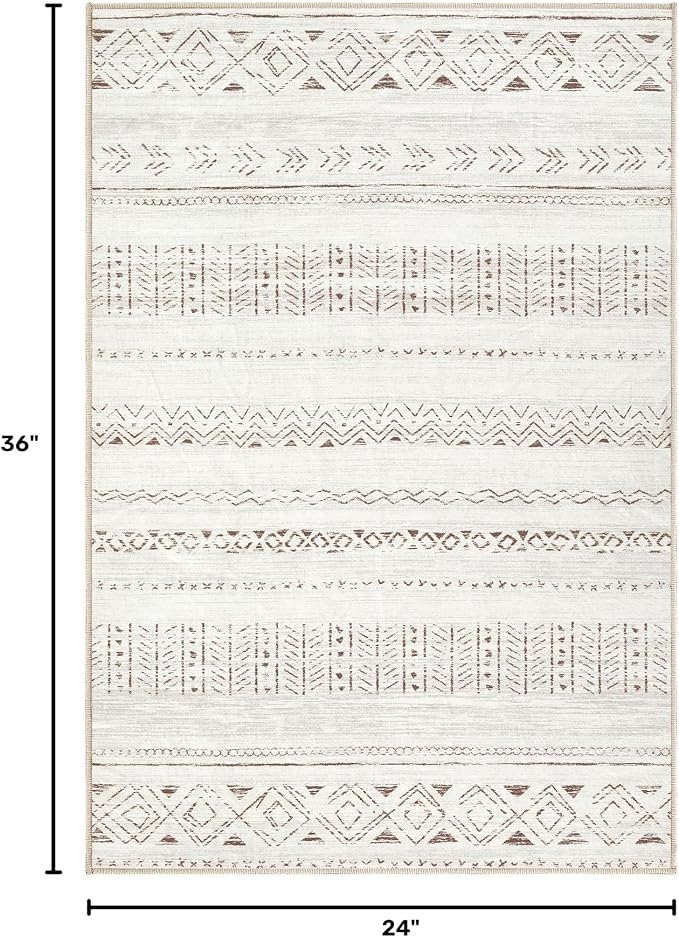 cotiled Washable 2x3 Entryway Rug: Washable Boho Rugs with Non Slip Backing Small Soft Indoor Stain Resistant Carpet for Kitchen Front Lightweight Home Decor L Brown/Cream