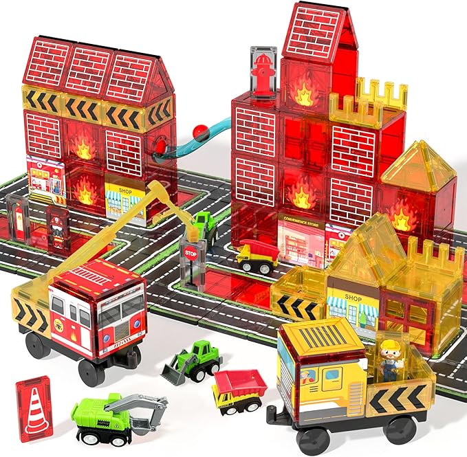 Magnetic Tiles for Kid, Construction Magnet Tiles with Fire Truck & Station, Building, Road, Crane, and Car Toys - Educational Travel Magnetic Tiles for Kids Ages 4-8, STEM Toys for 3+ Year Old