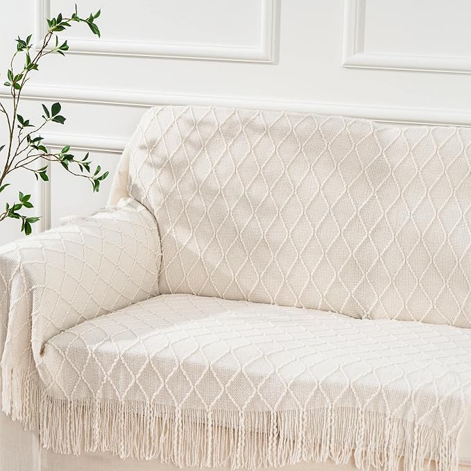 BATTILO HOME Cream Throw Blanket for Couch, Boho Bedroom Decor Throws, Decorative White Throw for Sofa Living Room, 50"x60" | Boho Bedroom Decor Throws, Decorative White Throw for Sofa Living Room