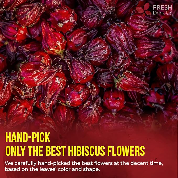 FreshDrinkUS, Premium 115 Hibiscus Flowers Tea Bags, 100% Natural & Pure. Loose Flower Hibiscus Herbal Tea. No Sugar, No Caffeine, No Gluten, Vegan.