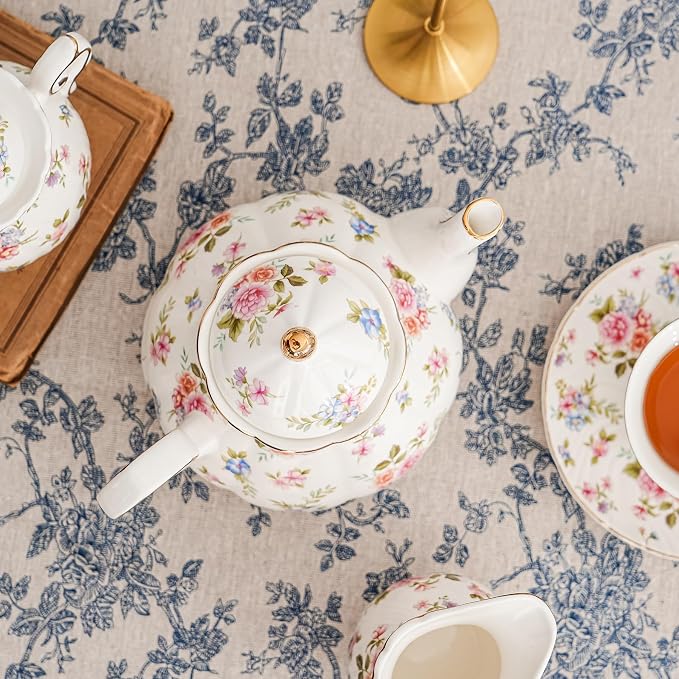 Agyiuns Flower Ceramic Teapot,22oz Porcelain Tea pot for Tea Coffee Milk for Office Home Men Women as Gift(White and small flowers)