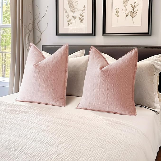 MIULEE Pack of 2 Pink Decorative Chenille Pillow Covers 20x20 Inch | Soft Couch Throw Pillows,Farmhouse Cushion Covers with Elegant Design for Sofa,Bedroom,Living Room,Spring Home Decor