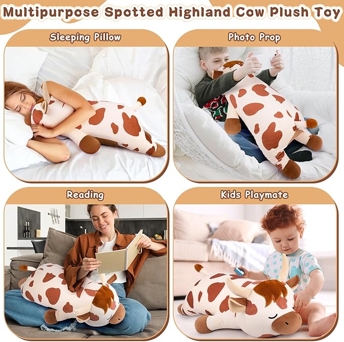 30'' Giant Spotted Highland Cow Plush Stuffed Animal-Cute Spotted Highland Cow Plush Body Pillow Plushies, Large Sleeping Cow Stuffed Animal Big Plushie Toy, Birthday Gifts for Kids Girls Boys