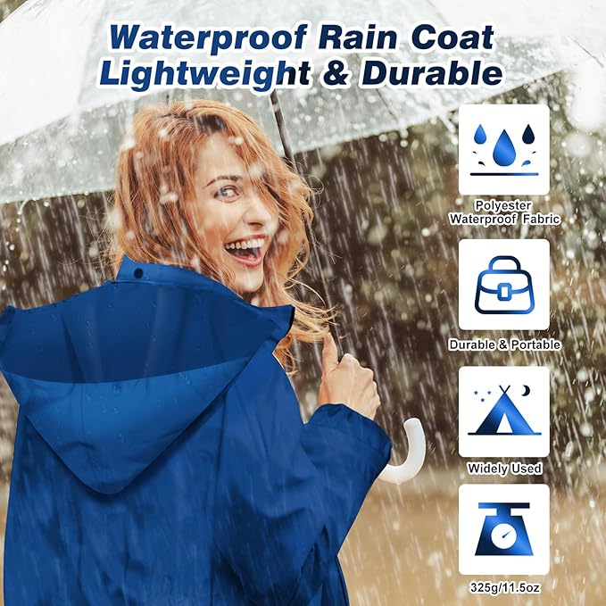 LAMA Womens Long Raincoats Rain Jacket Waterproof Packable Hooded Windbreaker Lightweight Adjustable Waist for Outdoor