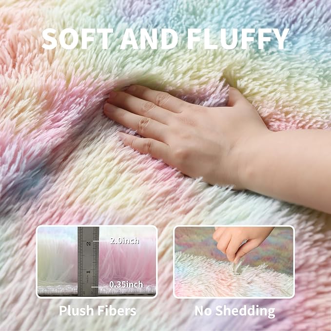 Washable 4x6 Rainbow Fluffy Shag Rug for Girls Bedroom Kids Playroom | Plush Shaggy Area Rug for Nursery, Dorm Room, Non Slip Floor Carpet
