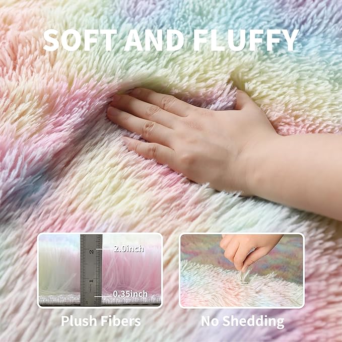 KICHOWUA Rainbow Unicorn Fluffy Fuzzy Rug 2x3, 2 Pcs Washable Non Slip Shag | Soft shaggy area rug for girls bedroom, princess kids room, living room, nursery, dorm, and classroom