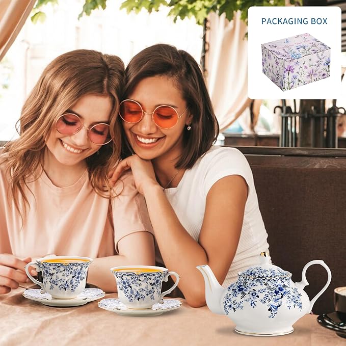 TATSUMI Country Roses Porcelain Tea Set, European Ceramic tea set for one or two,Vintage Style, For Women and Tea Parties (BLUE, 7 Pieces Set)
