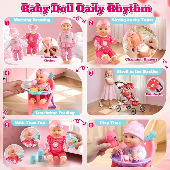 Baby Doll Stroller Set - A 12.5" Baby Doll with Doll Accessories & 2 Sets Clothes, Baby Doll Stroller for Toddlers 3-5, Toy Stroller for Kids, Gifts for Girls 3 4 5 Year Old Girls Toys