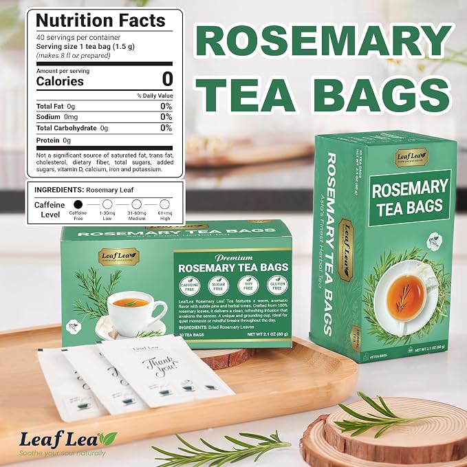 LeafLea Rosemary Tea Bags, Single-Ingredient Rosemary Leaf Tea, 80 Count | 2 Boxes to Stock Up or Share, Smooth Earthy Te De Romero, Individually Foil-Wrapped, Caffeine-Free, Vegan