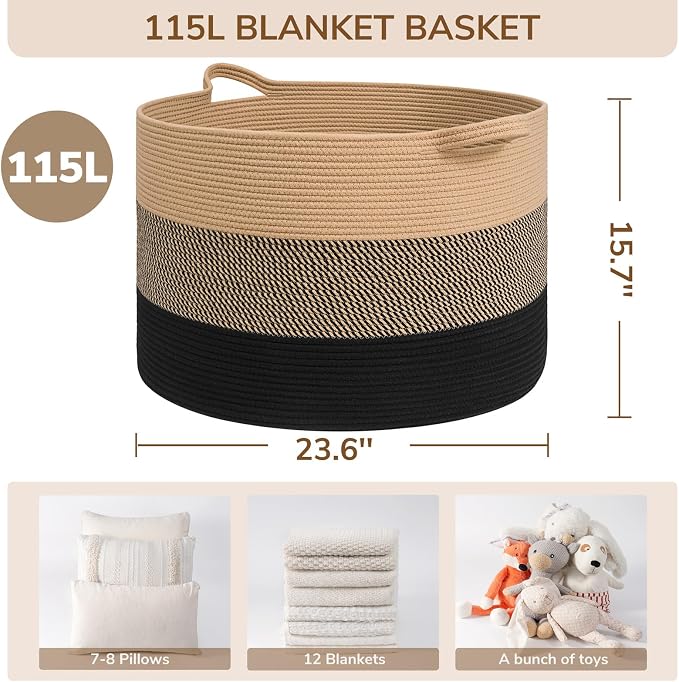 INDRESSME 115L Extra Large Woven Rope Blanket Basket Living Room | 23.6" x 15.7" Storage baskets for toys laundry & pillows. Fits living room, bedroom or nursery décor. Soft-touch with handles