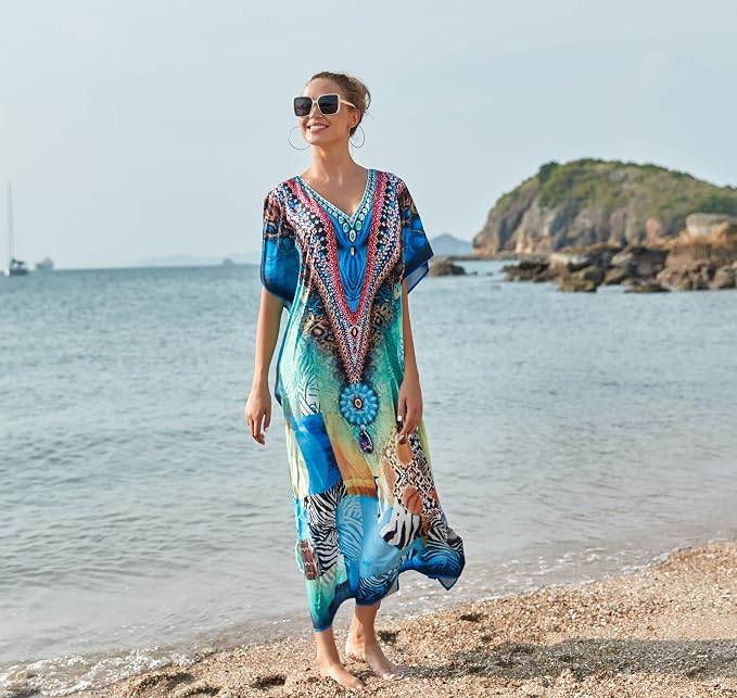 Venasha Womens Caftan Floral Print Kaftan Dress Short Sleeve Swimsuit Cover up Loungewear for Summer