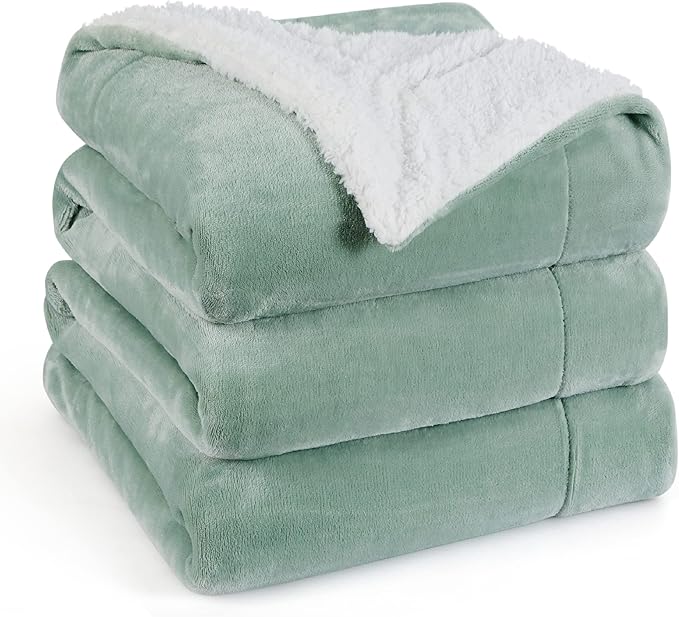 Bedsure GentleSoft Sherpa Fleece Blanket Queen Size for Bed, Non-Heated, Thick and Warm Throw for Women and Men, Soft Fuzzy Plush Queen Blanket for Spring, Sage Green, 90x90 Inches