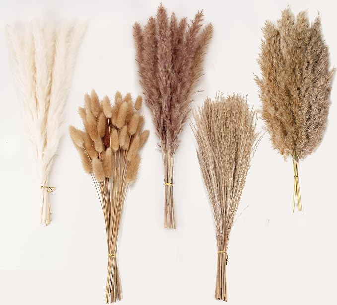 Natural Dried Pampas Grass Decor - 110 Pcs, Contains White Bunny Tails, Artificial Flowers for Bathroom, Office and Baby Shower Decor