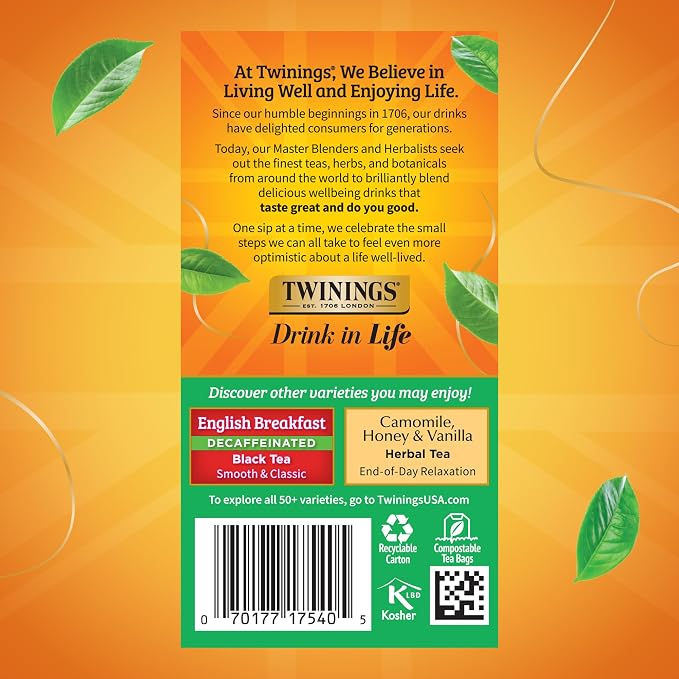 Twinings Irish Breakfast Black Tea Individually Wrapped Bags, 20 Count (Pack of 1), Flavourful, Bold, and Robust, Caffeinated, Enjoy Hot or Iced, 20 Teabags