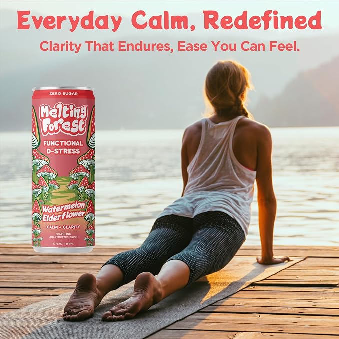 Melting Forest Functional D-Stress - Adaptogen Drink with L-Theanine, Reishi, Lion's Mane & Magnesium - Relaxation Drinks for Stress Relief - Zero Sugar, 5 Calories - Watermelon Elderflower (12-Pack)
