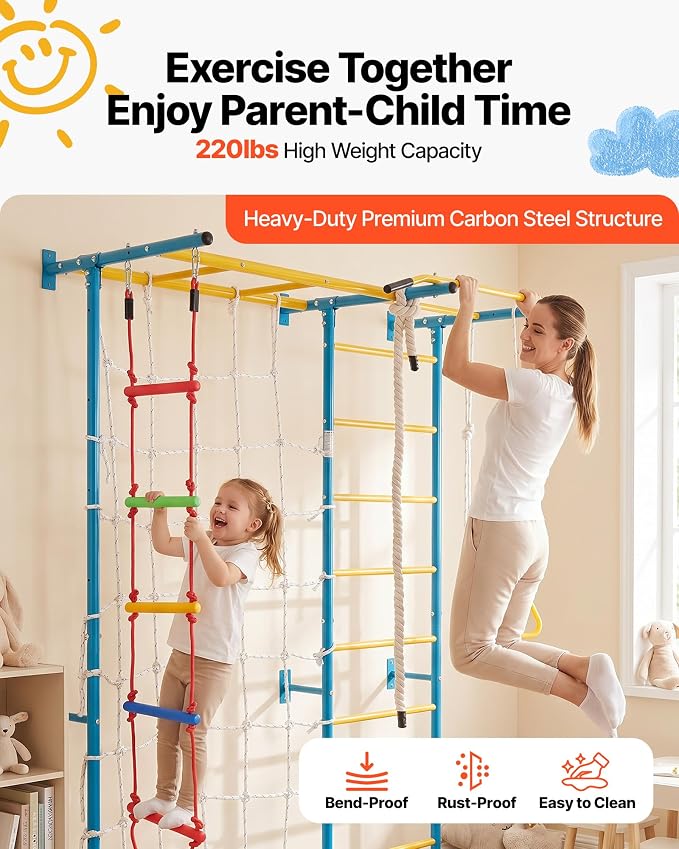 VEVOR Indoor Jungle Gym for Toddlers, 7-in-1 Climbing Playset with Carbon Steel Swedish Ladder, Wall Ladder, Pull-Up Bar, Rope Ladder, and Gymnastic Rings, Supports 220 lbs, Multicolor