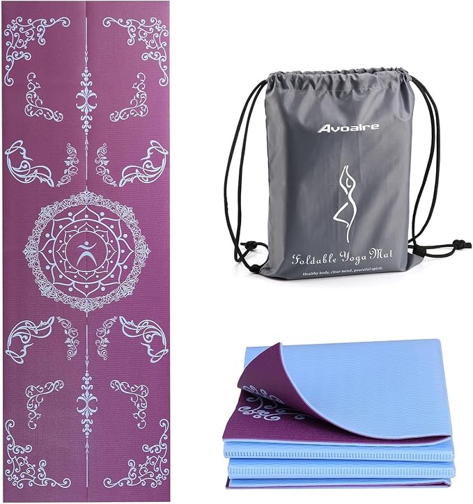 Avoalre Folding Yoga Mat, Eco-Friendly PVC Travel Yoga Mat Packable, Double Sided Non-Slip Printed Yoga Mats with Bag for Home Workout Gym Exercise Fitness Pilates Stretching (72" x 32" x 0.24" Thick)