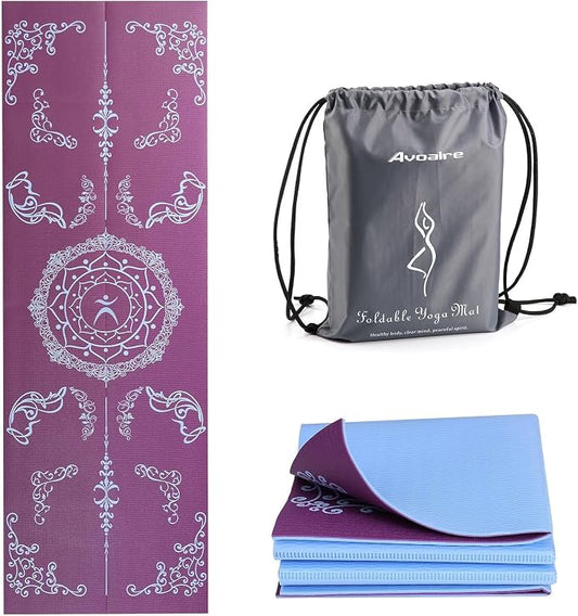 Avoalre Folding Yoga Mat, Eco-Friendly PVC Travel Yoga Mat Packable, Double Sided Non-Slip Printed Yoga Mats with Bag for Home Workout Gym Exercise Fitness Pilates Stretching (72" x 32" x 0.24" Thick)