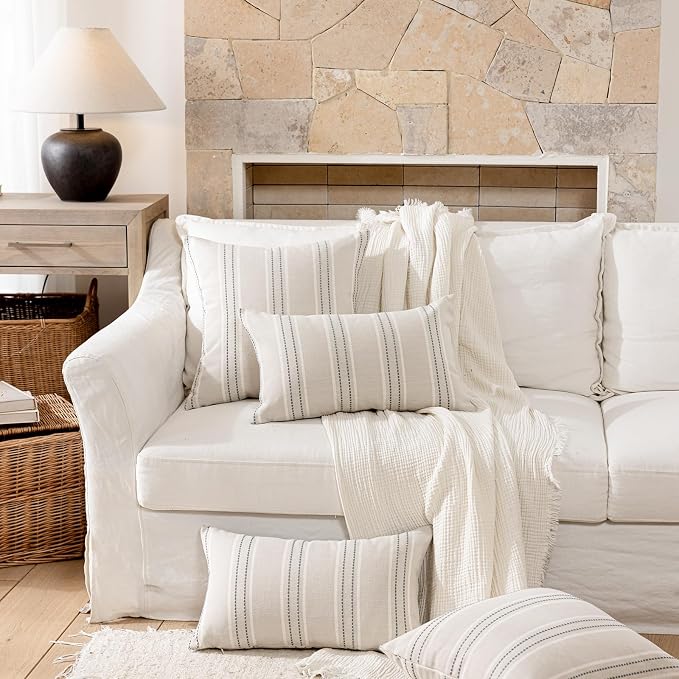 Hckot Grey Decorative Throw Pillow Covers 22x22 Set of 2 Boho Pillow Covers | Striped Farmhouse Pillows Textured Linen Square Cushion Covers for Sofa Couch Bed Living Room Decor(Light Grey)