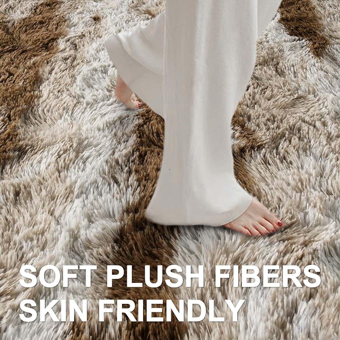 8x10 Ft Extra Large Shag Rugs for Living Room, Tie Dyed Ultra Soft Fluffy Furry Area Rugs for Bedroom Indoor Floor, Aesthetic Carpet for Kids Home Decor (Khaki)