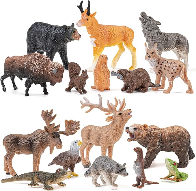 16PCS Mini North American Woodland Animals Figurines Toys, Realistic Jungle Wild Animal Figures with Wolf,Bear,Bison,Reindeer Cake Toppers Birthday Gift Party Favors Toys for Toddler Kids