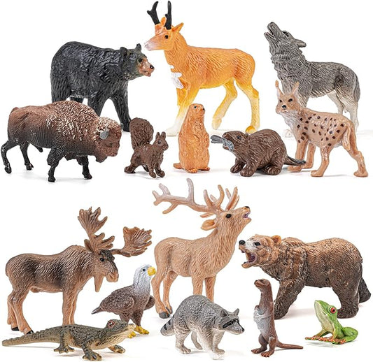 16PCS Mini North American Woodland Animals Figurines Toys, Realistic Jungle Wild Animal Figures with Wolf,Bear,Bison,Reindeer Cake Toppers Birthday Gift Party Favors Toys for Toddler Kids