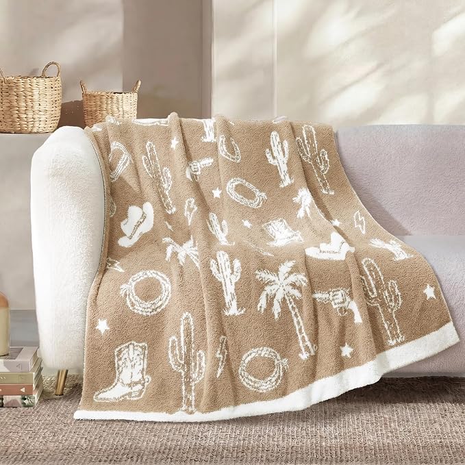 Snuggle Sac Ultra Soft Western Blanket Twin Size - Oversized Reversible Beige Cowgirl Bedding Blanket, Western Pattern Throw Blankets for Bed, Sofa, Couch, 60x80 inches
