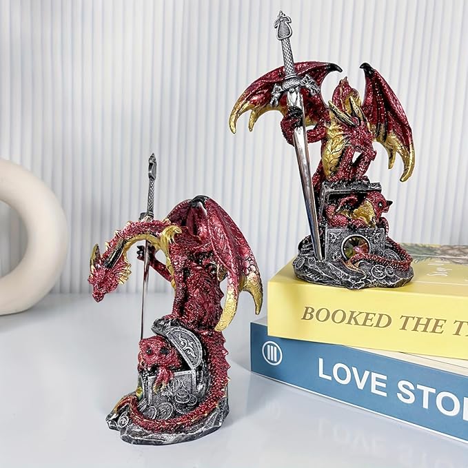 Dragon with Sword Collectible Statue Fantasy Figurine Resin Medieval Dungeons Creative Ornaments for Home,Shelf,Living Room Decor 7.68 Inches (Red)