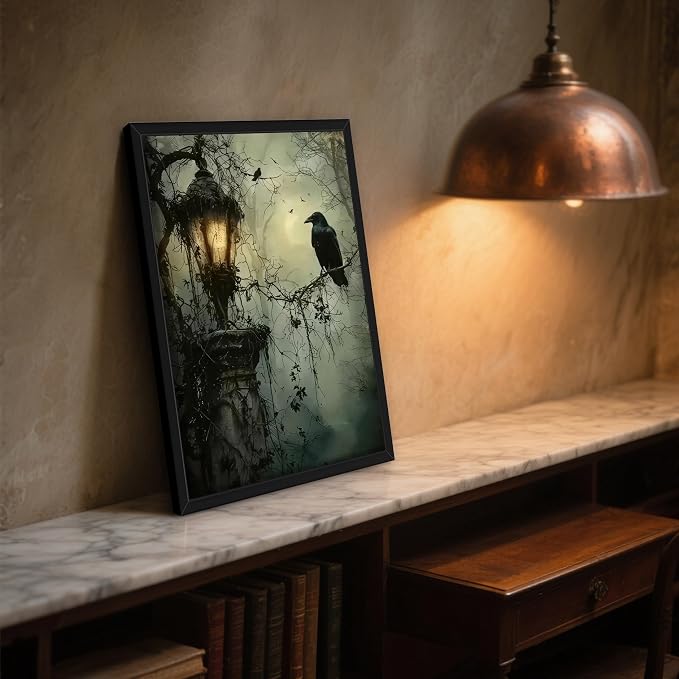 Gothic Decor Framed Wall Art, Vintage Dark Academia Canvas Prints, Horror Forest Crow Wall Decor for Living Room Bedroom Home Decor – Black Wooden Frame 16x24in