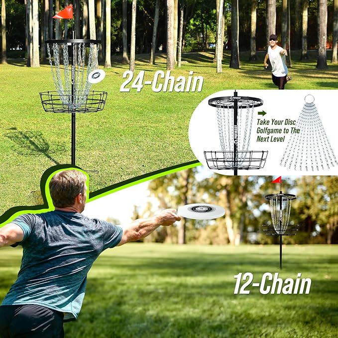 Disc Golf Basket with 24/12 Heavy Duty Chains, Disc Golf Target with Adjustable Height/Sound Reducer & Remote LED Light & Light Up Discs, Durable Practice Goal with Ground Stake for Backyard