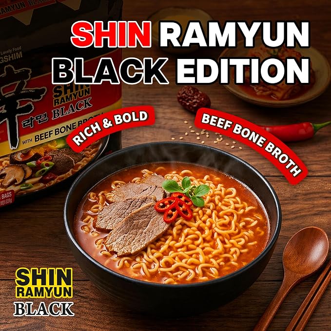 Nongshim Shin Ramyun, Shin Black, Neoguri, Chapagetti Korean Ramen, 16 Pack | Korean ramen variety pack with spicy beef, beef-bone, seafood and roasted black bean profiles
