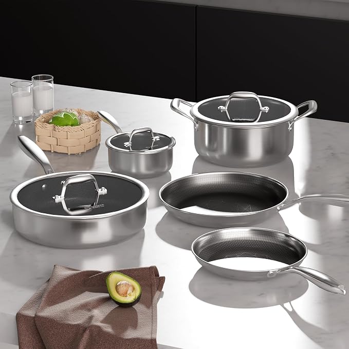 COOKER KING Hybrid Stainless Steel Cookware Set, 8pcs Pots and Pans Set | Hybrid, Non Stick, Non Toxic, PFOA Free, Induction Compatible, Oven and Dishwasher Safe, Stay-Cool Handles