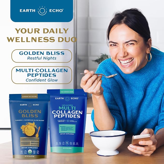 Earth Echo Revitalizing & Nightcap Bundle - Hydrolyzed Collagen with Vitamin C & Hyaluronic Acid for Radiant Skin - Organic Golden Milk Powder with Ginger for Restful Sleep - 1 Pack Each