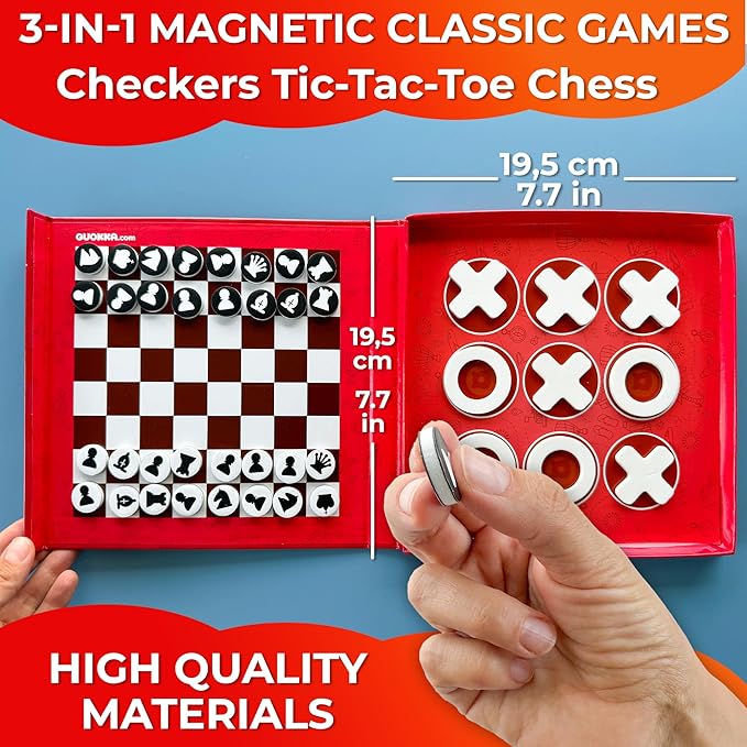 QUOKKA Magnet Game for Kids 3-5 - 3 in 1 Chess&Checkers&TicTacToe Game Kids Ages 4-8 - Travel I Road Trip I Plane I Car Ride - Magnetic Toddler Travel Toys