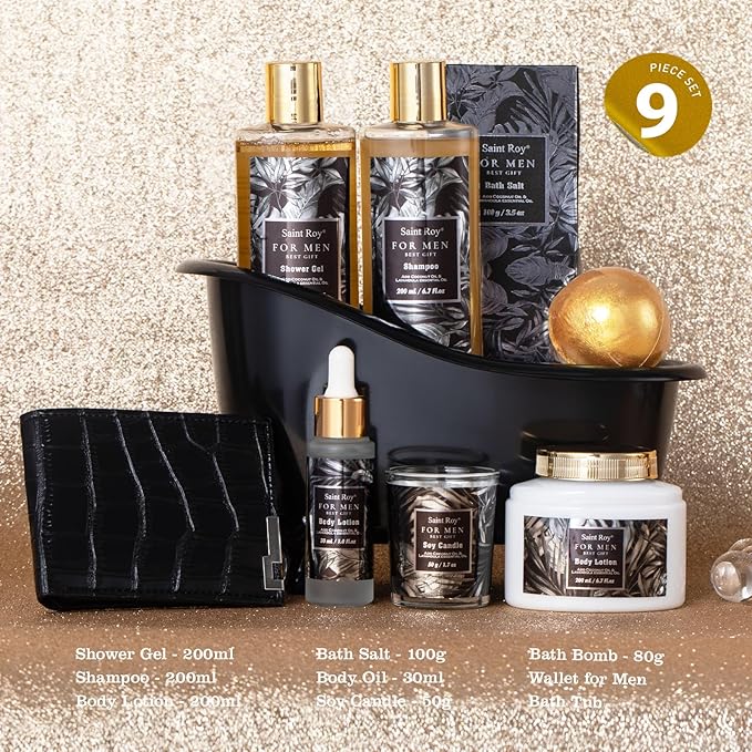 Gift for Dad Spa Gifts for Men Bath & Body Kit Spa Gift Set, Man Spa Basket | Man Spa Basket Set for Dad, Mens Perfume Bath & Body Gift Set, Ideal Christmas Birthday Self Skin Care for Man Leather Wallet