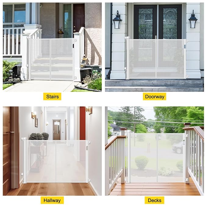 Reinforced 42” Extra Tall Retractable Dog Gate for Doorways, Extends up to 60” Wide, Mesh Baby Gate, Tall Baby Gates with Rods to Prevent Crawling Through Retractable Pet Gate Indoor Outdoor, White
