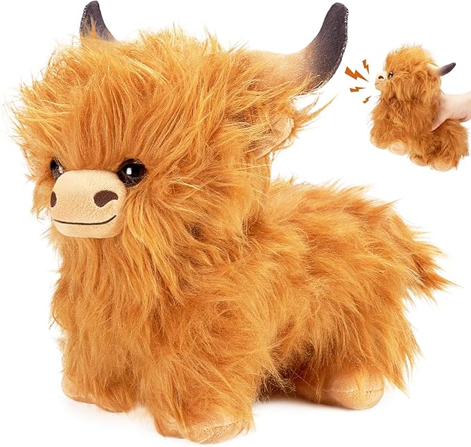 Highland Cow Stuffed Animal, Highland Cow Plush Toy with Moo Sound. Cute and Fluffy Stuffed Animal. Humorous and Funny Voices, Highland Cattle Can Be Changed at Will. Great for Kids, Girls and Boys