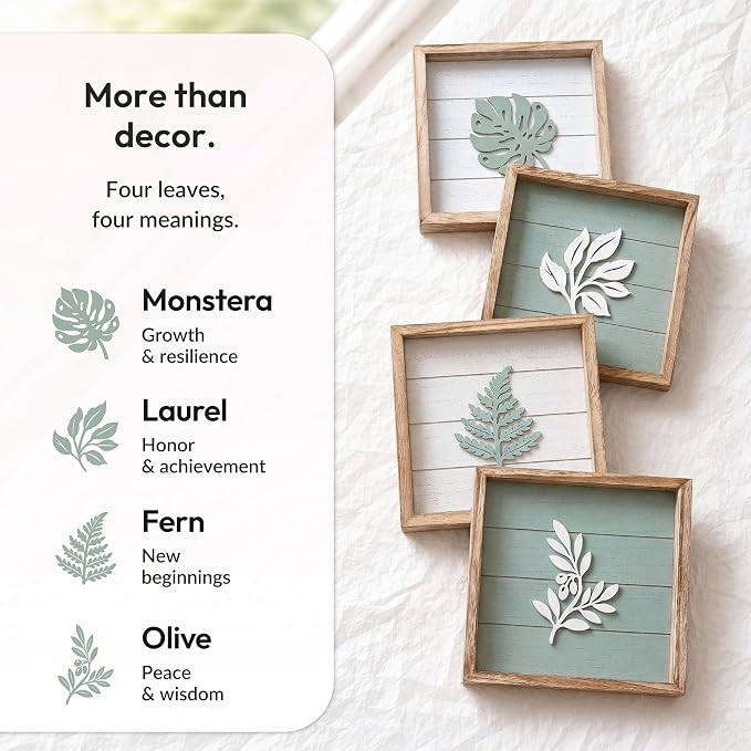 Tide and Tales Leaves of Meaning 3D Sage Green Wall Art (Set of 4) Framed Boho Wall Art for Living Room, Bedroom & Bathroom, House Warming Gifts for New Home, Botanical Farmhouse Home Decor 10"x10"