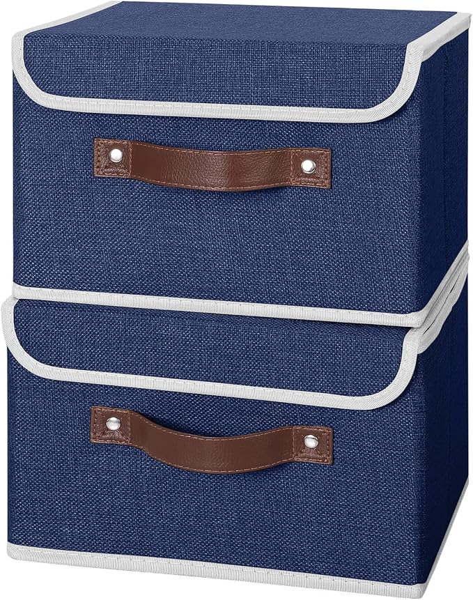 ANMINY Fabric Storage Box Bins with Lids, Blue, 10"x8"x7", 2 Pack | Keepsake Memory Storage, Cotton Linen, PP Board Reinforced, Washable, PU Handles, Foldable & Stackable, Decorative, Small