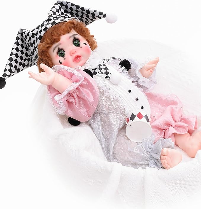 Harlequin Clown Reborn Toddler Girl Dolls – 18 Inch Baby Doll with Curly Hair, Checkered Hat, Pink & Silver Costume, and Mini Drum, Baby Dolls for 5 Year Old Girls, Parents, Collectors
